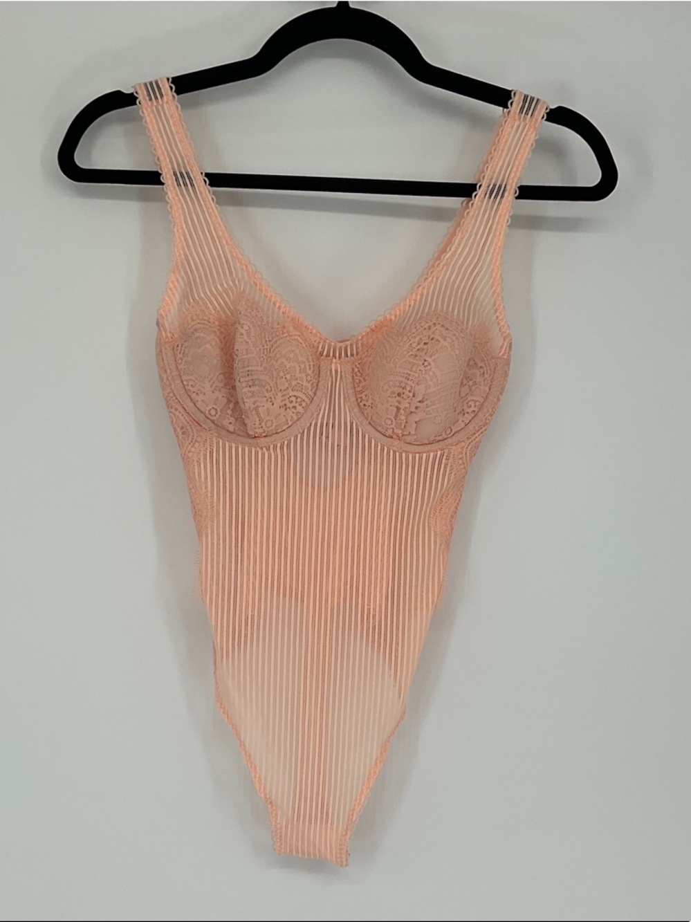 Victoria’s Secret Lace Mesh Bodysuit Blush Peach 32B NWT Thong Teddy
